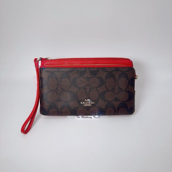 Coach C5576 Double Zip Leather Brown 1941 Red Wristlet Card Wallet Clutch NWT - Picture 1 of 9